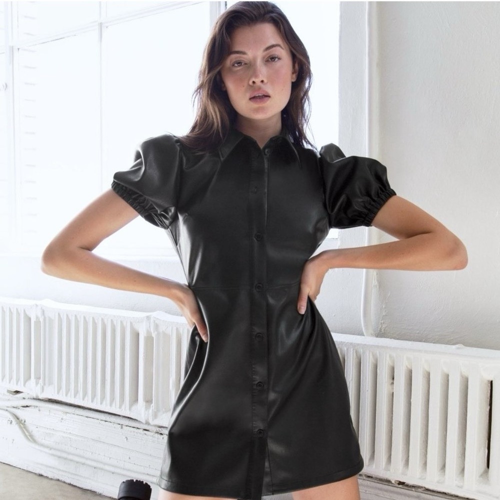 Aritzia Sunday Best‎ Daphne Vegan Leather Puff Sleeve Mini Dress Black - Size M